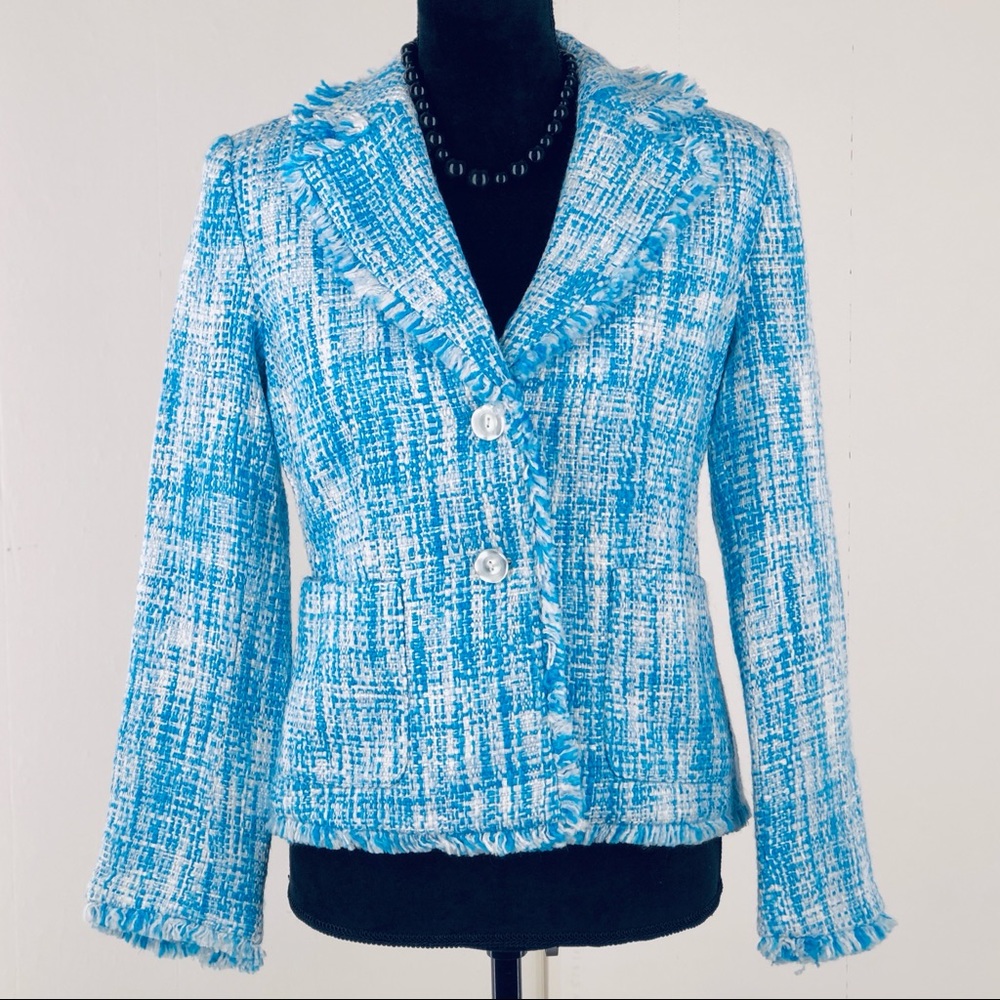 Vintage Blue/White Tweed-style, Fringed Blazer, Size 6P